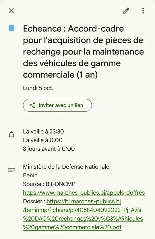 Échéance posée par TenderPilot dans Google Agenda