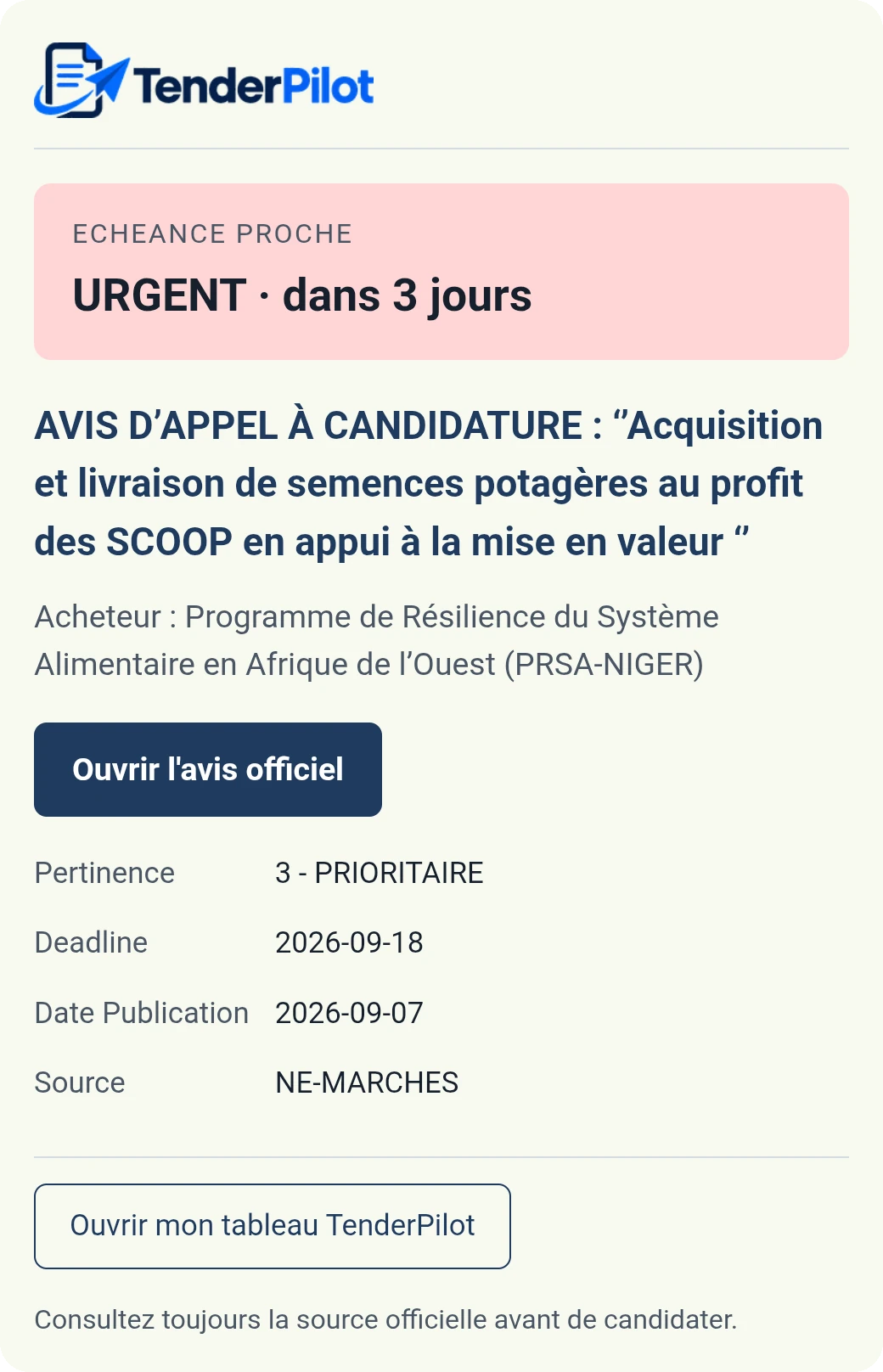 Exemple d'alerte email TenderPilot