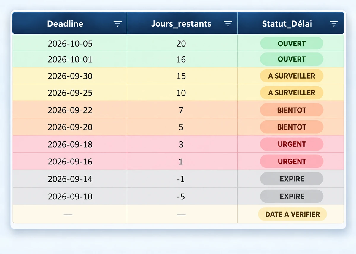Statuts colorés dans le tableau TenderPilot